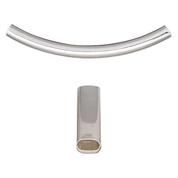 Bead, silver-finished brass, 42x6mm curved oval tube. Sold per pkg of 6. image number 0