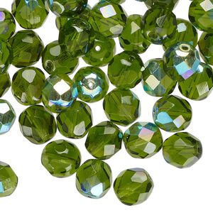 Bead, Czech fire-polished, glass, translucent dark green AB , 8mm faceted round. Sold per 2-ounce pkg, approximately 95 beads.