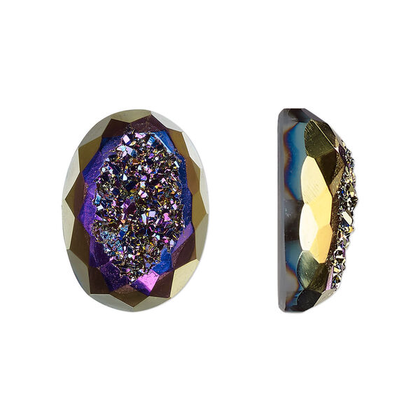 Cabochon, druzy agate (coated), purple and green, 18x13mm hand-cut loosely calibrated faceted oval, B grade, Mohs hardness 7. Sold individually. image number 0