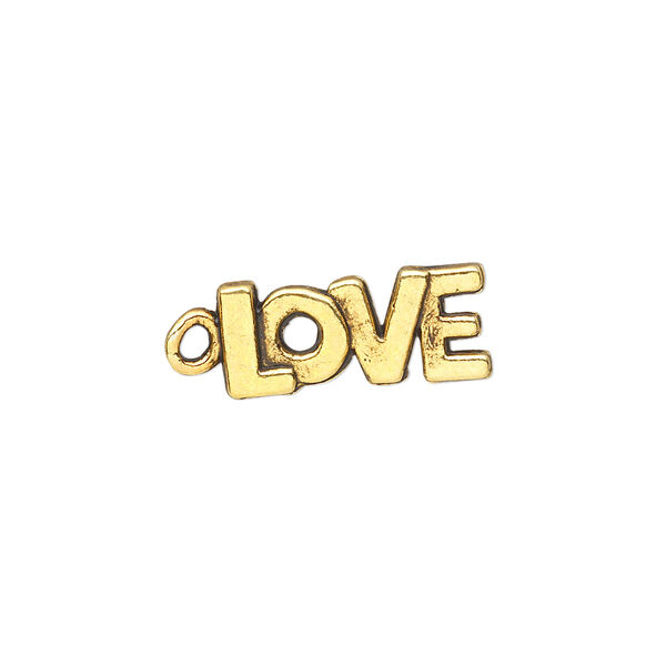 Charm, antique gold-finished "pewter" (zinc-based alloy), 17x8mm single-sided "LOVE." Sold per pkg of 50. image number 0