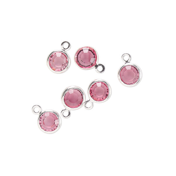 Drop, glass rhinestone and silver-finished brass, rose, 6-6.5mm faceted round. Sold per pkg of 6. image number 0