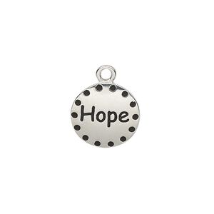 Drop, enamel and imitation rhodium-plated "pewter" (zinc-based alloy), black, 14.5mm single-sided round with "Hope." Sold individually.