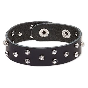 Bracelet, leather (dyed) / glass rhinestone / imitation rhodium-plated steel, black and clear, 20mm wide, adjustable at 6 and 7 inches with snap closure. Sold individually.