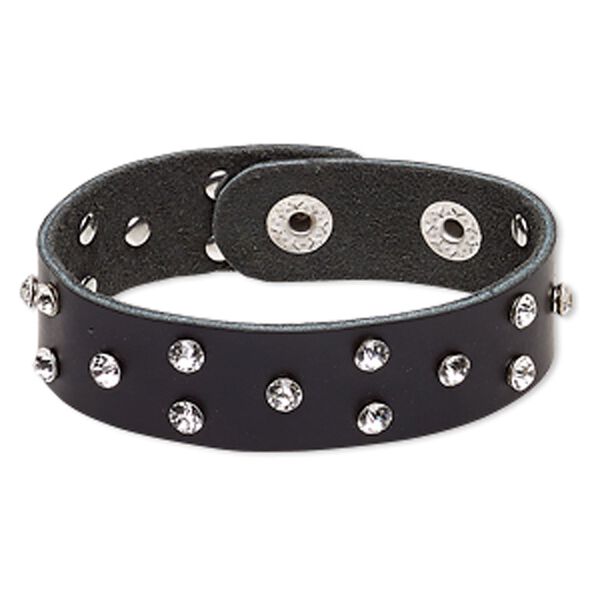 Bracelet, leather (dyed) / glass rhinestone / imitation rhodium-plated steel, black and clear, 20mm wide, adjustable at 6 and 7 inches with snap closure. Sold individually. image number 0