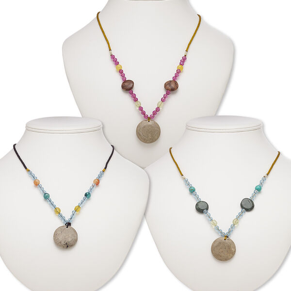 Multi-gemstone / acrylic / glass 1pkg3, round pendant necklace C grade, 20 inch continuous loop mix 29-30mm image number 0