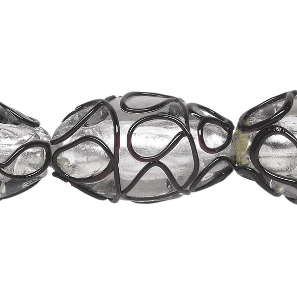 Bead, lampworked glass, black and clear with silver-colored foil, 25x16mm oval loop line design. Sold per 15-1/2" to 16" strand. image number 0