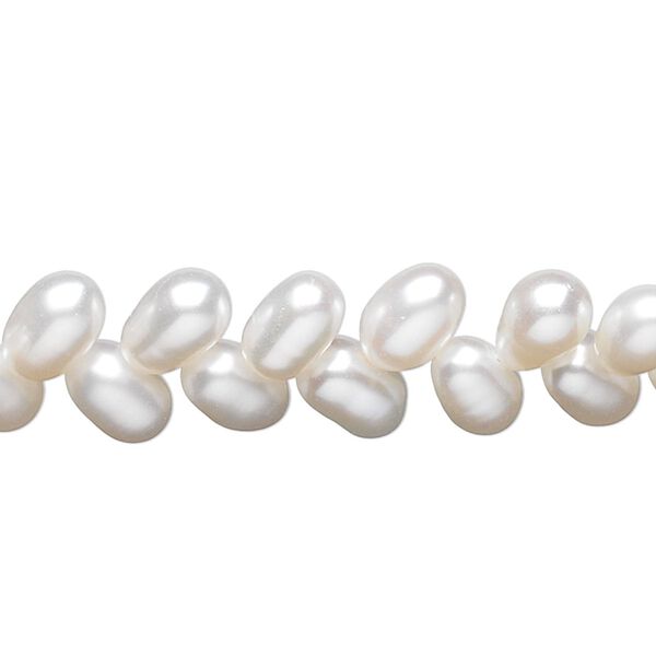 Pearl, cultured freshwater (bleached), white, 8x6mm-9x6mm herringbone-drilled rice, C grade, Mohs hardness 2-1/2 to 4. Sold per 15-1/2" to 16" strand. image number 0
