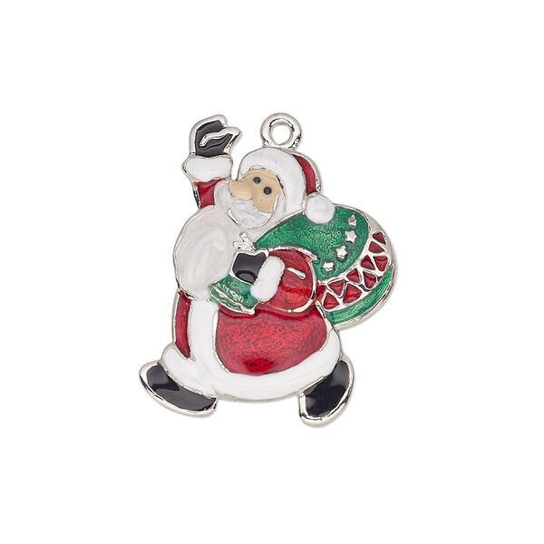 Charm, enamel and imitation rhodium-plated "pewter" (zinc-based alloy), multicolored, 24x19mm single-sided Santa Claus with bag. Sold individually. image number 0