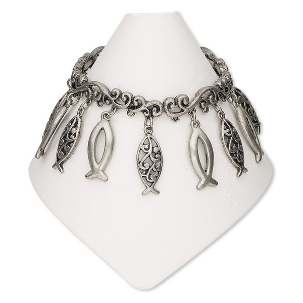 Bracelet, stretch, antique silver-finished "pewter" (zinc-based alloy), 20x9mm open fish and filigree fish, 6-1/2 inches. Sold individually. image number 0
