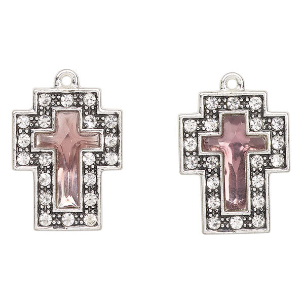 Drop, antique silver-finished "pewter" (zinc-based alloy) and glass, clear and purple, 23x17mm cross. Sold per pkg of 2. image number 0