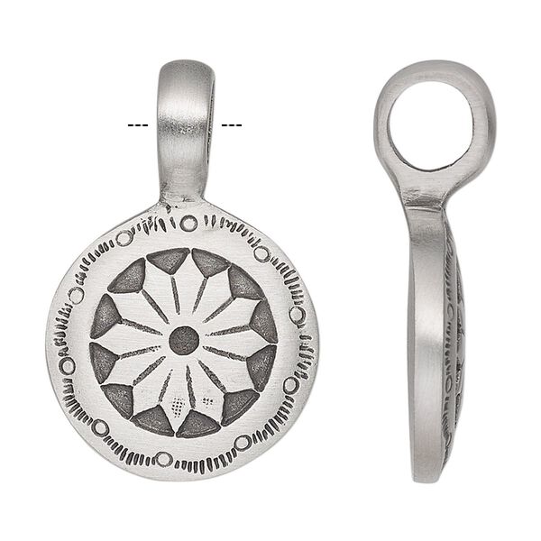 Pendant, antiqued pewter (tin-based alloy), 34.5x22mm single-sided domed round with flower. Sold individually. image number 0