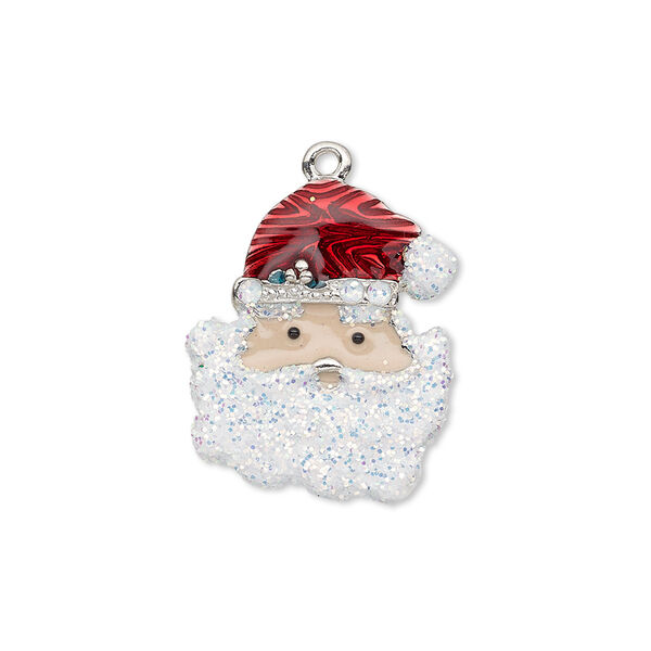 Charm, enamel and silver-plated "pewter" (zinc-based alloy), multicolored with glitter, 22x18mm single-sided Santa Claus head. Sold individually. image number 0