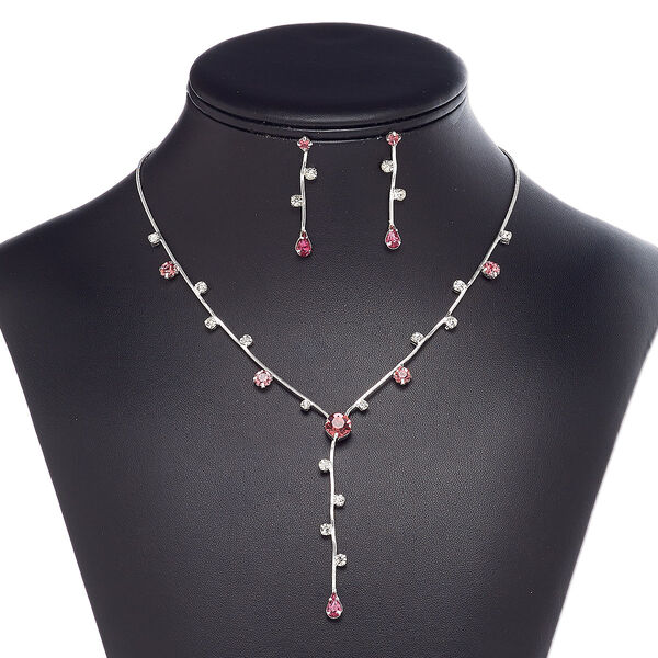 Necklace and earring set, glass rhinestone / plastic / imitation rhodium-plated brass / steel, pink and clear, 2-1/2 inch dangle with cupchain and round, 15" to 16" necklace with 3-inch extender chain and lobster claw clasp, 39mm earrings with post. Sold per set. image number 0