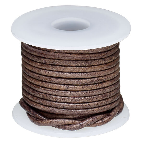 Cord, leather (dyed) 1pkg5yd, antique dark brown, 2mm round, per spool. image number 0