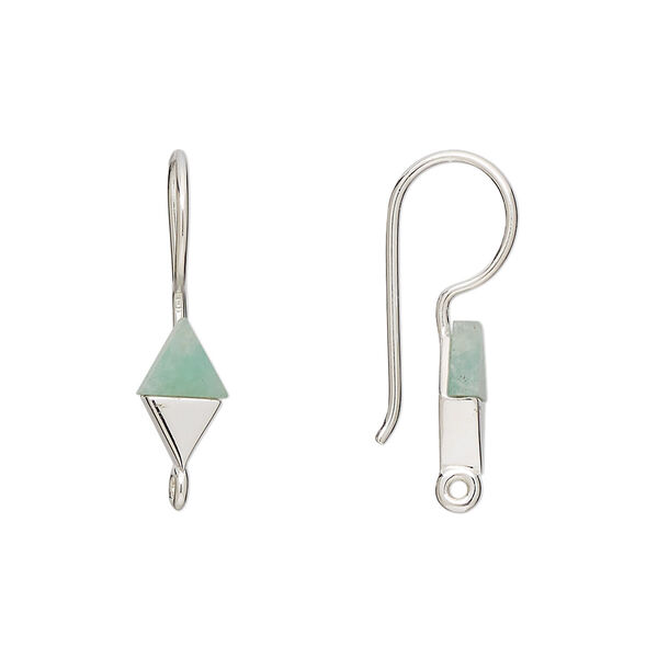 Ear wire, amazonite (natural) and sterling silver, 24mm fishhook with 10x6mm hand-cut diamond and loop, 19 gauge. Sold per pair. image number 0