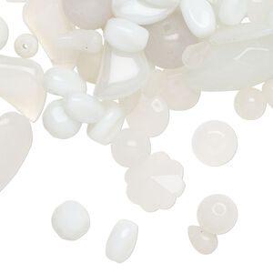 Bead mix, glass, translucent and transparent white, 5mm-30x19mm mixed shapes. Sold per 1/4-pound pkg, approximately 90 beads.