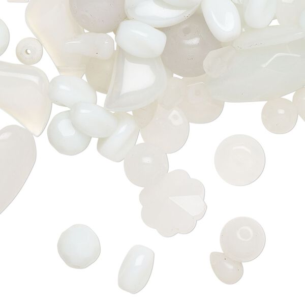 Bead mix, glass, translucent and transparent white, 5mm-30x19mm mixed shapes. Sold per 1/4-pound pkg, approximately 90 beads. image number 0