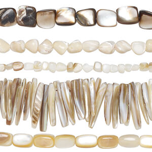 Bead mix, black lip shell / brown lip shell / gold lip shell / mother-of-pearl shell (natural), extra-large chip and mini to medium nugget, Mohs hardness 3-1/2. Sold per (5) 15" to 16" strands.