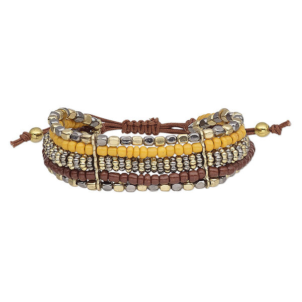 Bracelet, 5-strand, waxed cotton cord / glass / gunmetal-plated / gold-finished steel, orange and brown, 23mm wide, adjustable from 7 to 9-1/2 inches with macramé knot closure. Sold individually. image number 0