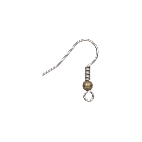 Ear wire, stainless steel and antique gold-plated brass, 20mm fishhook with 3mm ball and 4.5x2mm coil with open loop, 21 gauge. Sold per pkg of 10 pairs. image number 0