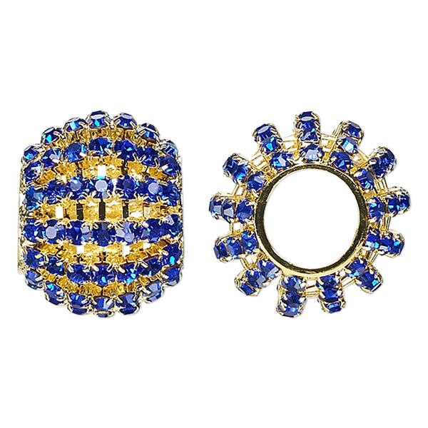 Bead, glass rhinestone and gold-finished brass, cobalt, 25x20mm barrel, 11.5mm hole. Sold individually. image number 0
