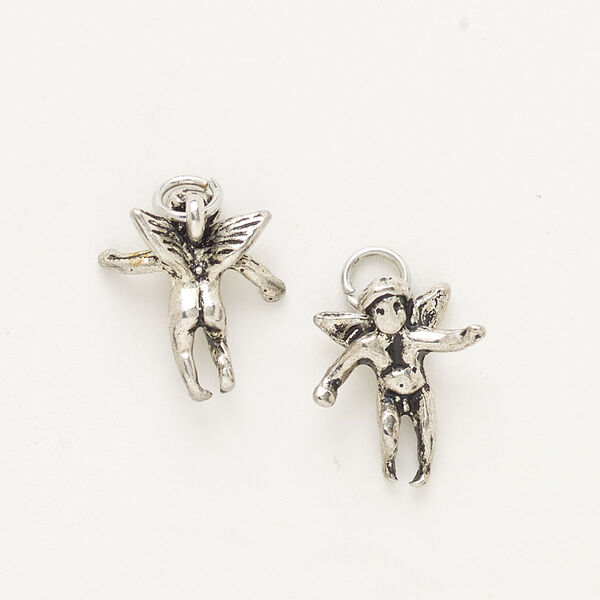Charm, "pewter" (zinc-based alloy) and steel, pkg/2, antique silver finish, 14x12mm-15x13mm 3D cherub. image number 0