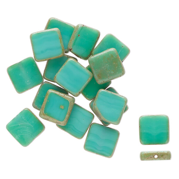 Bead, Czech glass, opaque turquoise green and olive green travertine, 9mm flat square. Sold per pkg of 19. image number 0