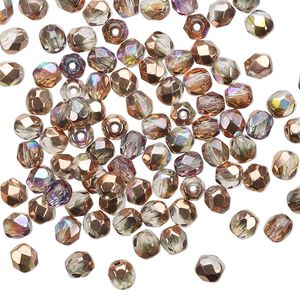 Bead 1pkg1 Czech fire-polished glass, 4mm faceted round, 1 mass opaque half-coated clear AB / metallic Capri gold