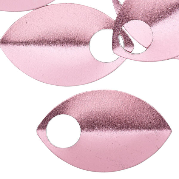 Component, anodized aluminum, pink, 36x22mm 2-sided curved scale blank with 8mm hole, 20 gauge. Sold per pkg of 20. image number 0