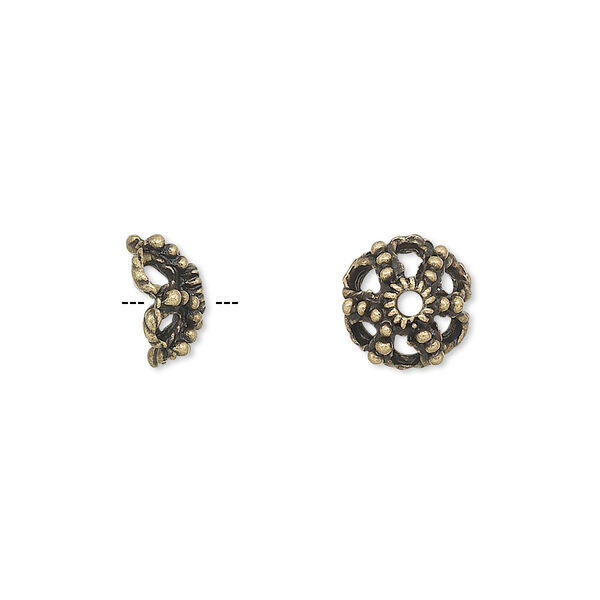 Bead cap, antique brass-finished "pewter" (zinc-based alloy), 10x4mm filigree saucer, fits 8-10mm bead. Sold per pkg of 24. image number 0