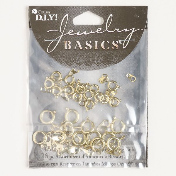 Clasp assortment, springring, steel, pkg/26, 6-9mm round with chain tab, gold finish. image number 0