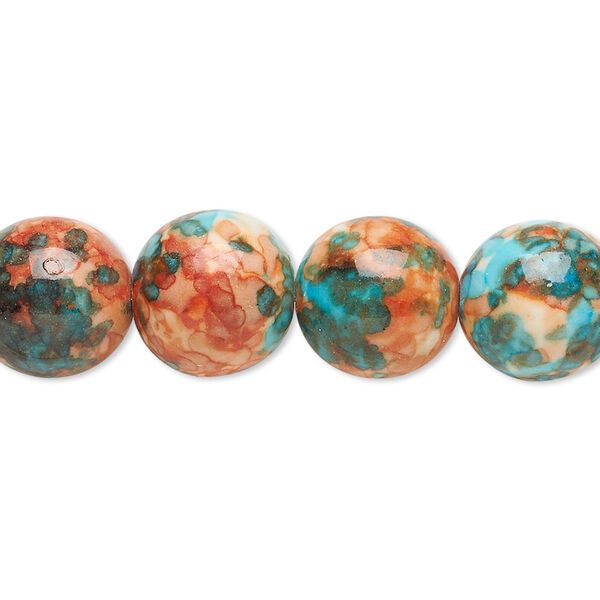 Bead, resin and painted ceramic, orange / blue / white, 12mm round. Sold per 15-1/2" to 16" strand. image number 0