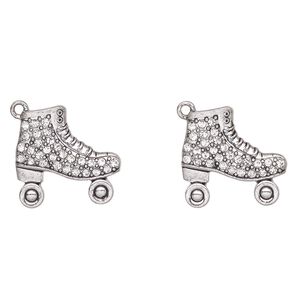 Charm, antique silver-finished "pewter" (zinc-based alloy) and glass, clear, 28x24mm roller skate. Sold per pkg of 2.