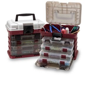 Tote, Plano®, plastic, red and silver, multiple-compartment, 10x7-1/4x11-inch box/tote. Sold individually.