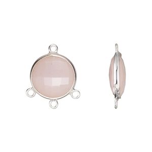 Drop, sterling silver and pink chalcedony (dyed), 14mm hand-cut double-sided faceted puffed flat round with 3 closed loops, Mohs hardness 6-1/2 to 7. Sold individually.