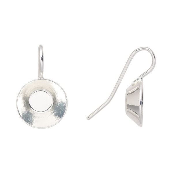Ear wire, Almost Instant Jewelry®, silver-finished brass, 21.5mm fishhook with 12mm vision round setting, 19 gauge. Sold per pkg of 5 pairs. image number 0