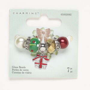 Bead assortment 1pkg7, glass / enamel / antique silver-finished brass and stainless steel, multicolored, 12x3mm-19x16mm mixed shapes.