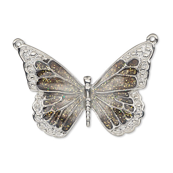 Focal, enamel and imitation rhodium-plated "pewter" (zinc-based alloy), black and clear with glitter, 35x25mm single-sided butterfly. Sold individually. image number 0