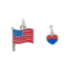 Charm assortment, imitation rhodium-finished "pewter" (zinc-based alloy) and enamel, red and blue, 16x15mm US flag and 8x7mm heart. Sold per 2-piece set.