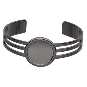 Bracelet, Almost Instant Jewelry®, cuff, gunmetal-plated brass and "pewter" (zinc-based alloy), 64x25mm with 20mm round setting, adjustable. Sold individually.