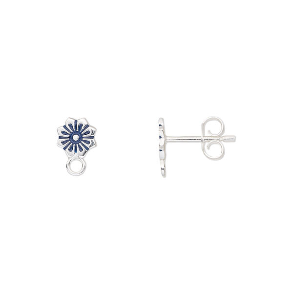 Earstud, enamel and sterling silver, blue, 6.5x6mm flower with loop. Sold per pair. image number 0