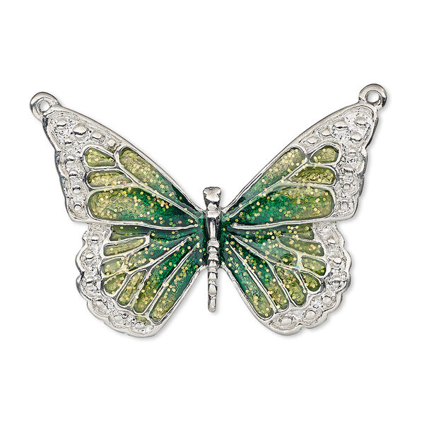 Focal, enamel and imitation rhodium-plated "pewter" (zinc-based alloy), green and light green with glitter, 35x25mm single-sided butterfly. Sold individually. image number 0