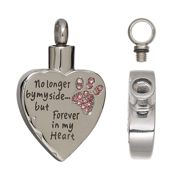 Pendant, stainless steel / glass / silicone, black, 34.5x21mm heart with paw print and watertight chamber with "No longer by my side... but Forever in my Heart." Sold individually. image number 0