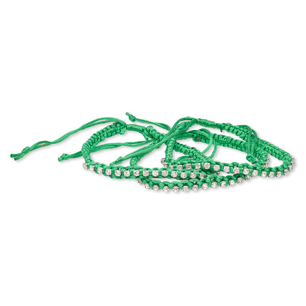 Bracelet, glass rhinestone / nylon / silver-plated brass, green and clear, 6mm wide with cupchain, adjustable 7-1/2 to 9-1/2 inches with wrapped knot closure. Sold per pkg of 3. image number 0