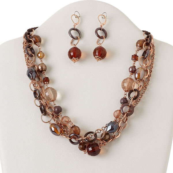 Necklace and earring set, multi-strand, copper-plated steel and brass/ acrylic / polyester / glass, purple and brown, multi-shape, 18 inches with 2-inch extender chain and lobster claw clasp, 2-3/8 inch earrings with leverback ear wire. Sold per set. image number 0