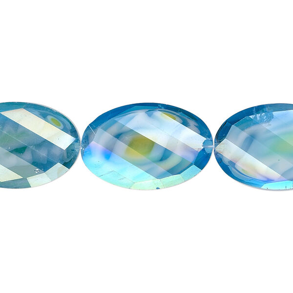 Bead, millefiori glass, marbled aqua blue AB, 20x13mm faceted wavy oval. Sold per 8-inch strand, approximately 10 beads. image number 0