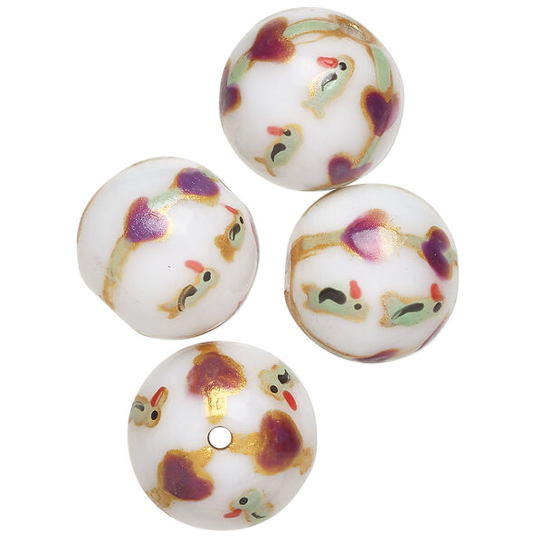 Bead, lampworked glass, opaque white / purple / metallic gold, 15-13mm round with painted heart and bird designs. Sold per pkg of 4. image number 0