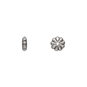 Bead, antique silver-plated "pewter" (zinc-based alloy), 7x2mm double-sided flower rondelle. Sold per pkg of 500.
