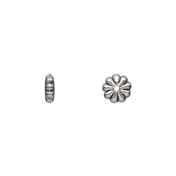 Bead, antique silver-plated "pewter" (zinc-based alloy), 7x2mm double-sided flower rondelle. Sold per pkg of 500. image number 0