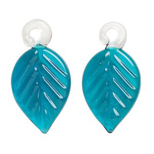 Drop, lampworked glass, transparent blue, 24x16mm handmade single-sided leaf. Sold per pkg of 2.